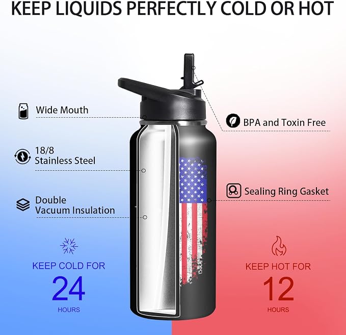 32oz American Flag Stainless Insulated Aater Water Bottle with Straw, American Flag Gym Hiking Sports Coffee Mug Cup Water Bottles,Patriotic Military Gifts For Veterans, Police