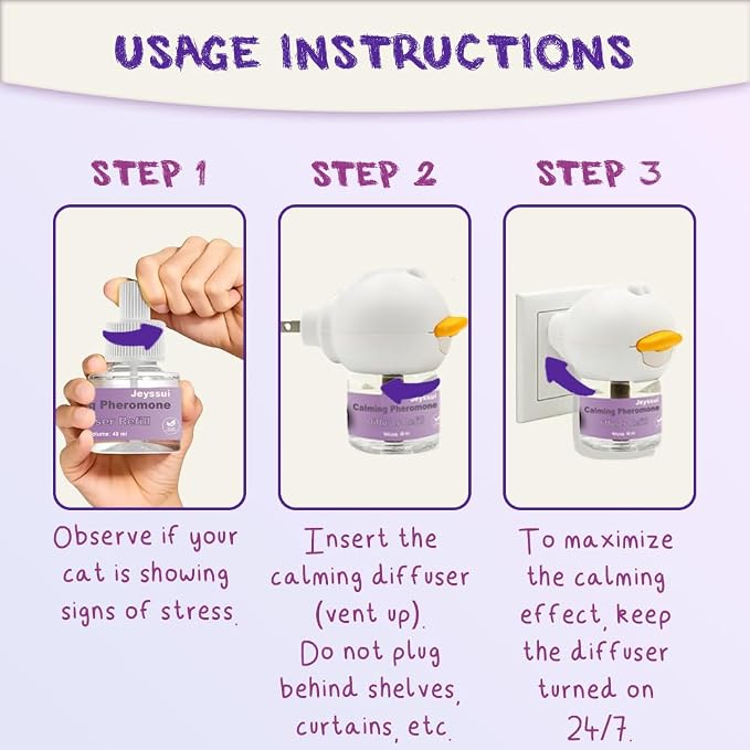 Cat Calming Pheromone Diffuser Kit, 2 Refills, Anxiety Relief | Calming pheromone diffuser with 2 refills helps reduce cat stress, fighting, spraying and anxiety from being alone / grooming