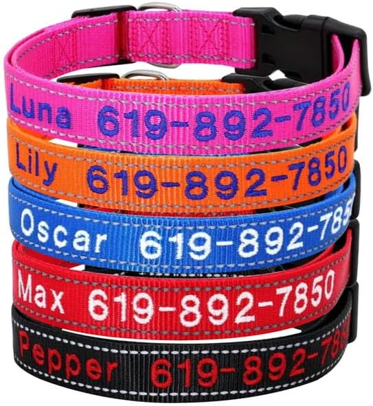 Personalized Dog Collars, Custom Reflective Embroidered Dog Collar with Name and Phone Numbers, Soft Nylon Adjustable, for XS, XL, Small, Medium, Large Dogs