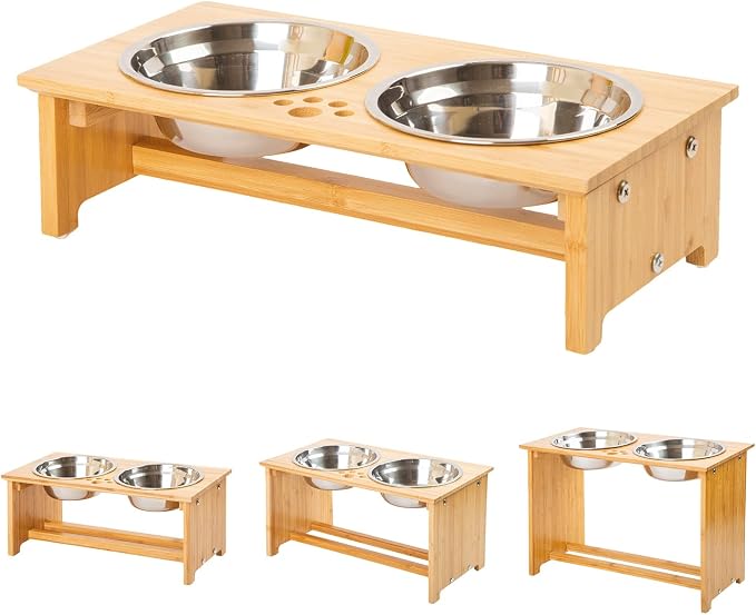 FOREYY Raised Pet Bowls for Cats and Small Dogs, Bamboo Elevated Dog Cat Food and Water Bowls Stand Feeder with 2 Stainless Steel Bowls and Anti Slip Feet (4'' Tall-20 oz Bowl)