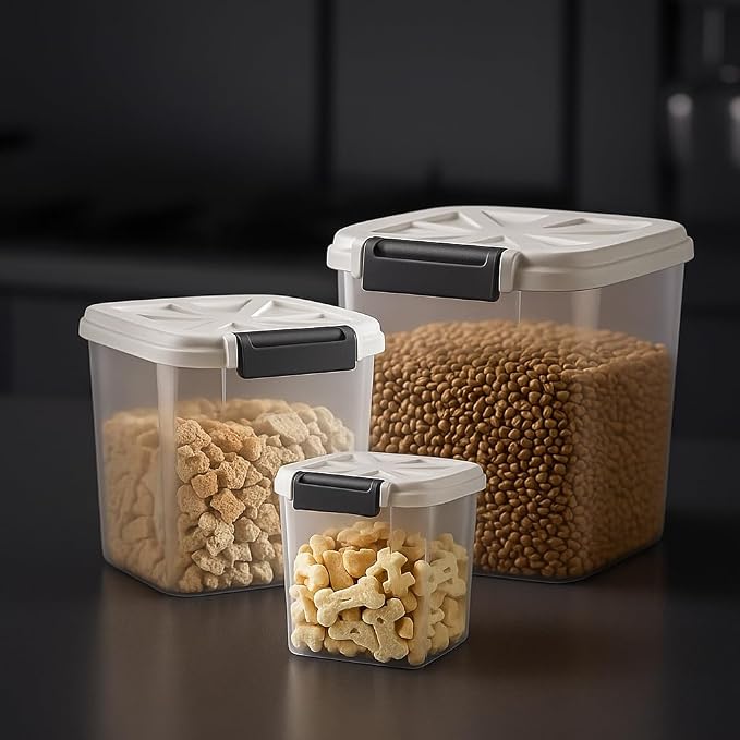 LivLab Mker 20 lb Stackable Pet Food Storage Containers, 3 Pack | Three stackable airtight bins hold 4, 6, and 10 lb for 20 lb total; includes 3 measuring cups and clear BPA-free bodies.
