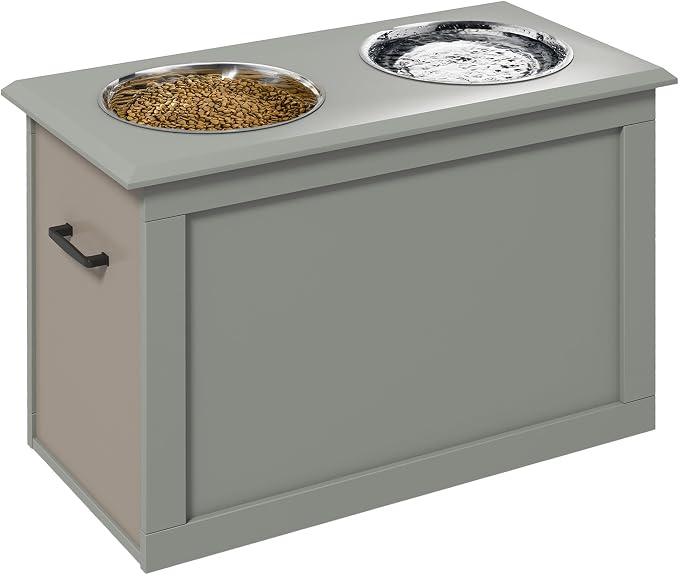 PawHut Raised Pet Feeding Storage Station with 2 Stainless Steel Bowls Base for Large Dogs and Other Large Pets, Gray | with2 Stainless Steel Bowls Base for Other Large Pets