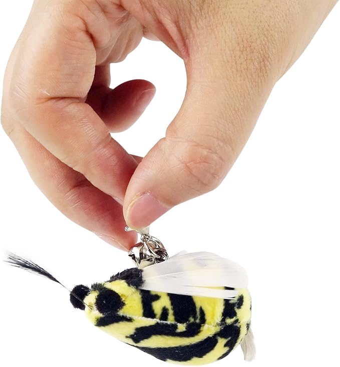 TTcat 10 Pack Cat Wand Toy Replaceable Refills, Realistic Bird Bee Insect Natural Feather Attachments with Bells, Detachable Clip-on Teaser Replacement for Cat Wand.