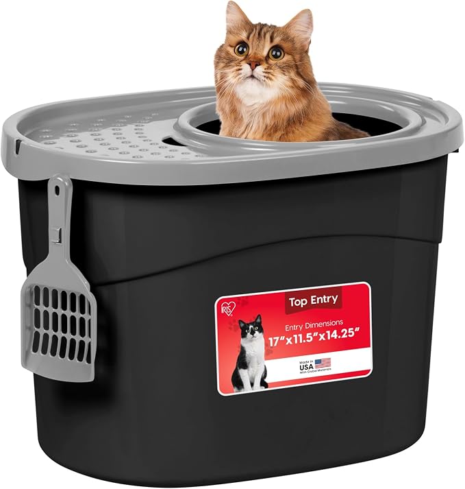 IRIS USA Large Top Entry Cat Litter Box with Lid, Enclosed Covered Cat Litter Box for Indoor Cats, Dog Proof Design, Odor Control, Litter Tracking Reduction, Scoop Included, Black/Gray