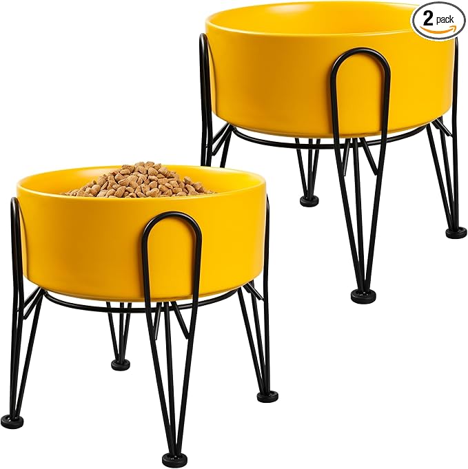 Elevated Dog Bowls, Ceramic Raised Dog Bowl Set with Anti-Slip and Non-Tip Metal Stand, 2 Pack Pet Food and Water Feeding Bowls for Small and Medium Dogs (Yellow,7.6 Cups)