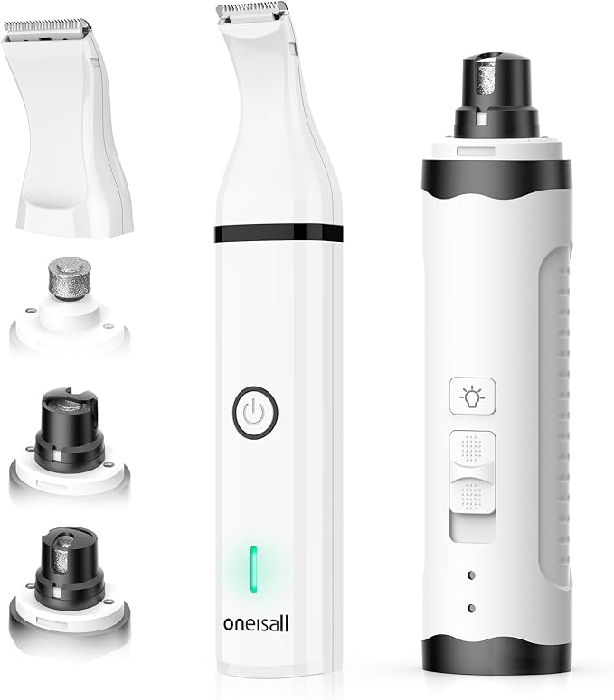 oneisall 3 in 1 Dog Nail Grinder & Paw Trimmer Kit, 2 LED Lights | 2 Replaceable Blades, 6500/7500RPM, 2 Speeds, Low Noise, Cordless & Rechargeable, Safe for Paw, Face, Ears, Body