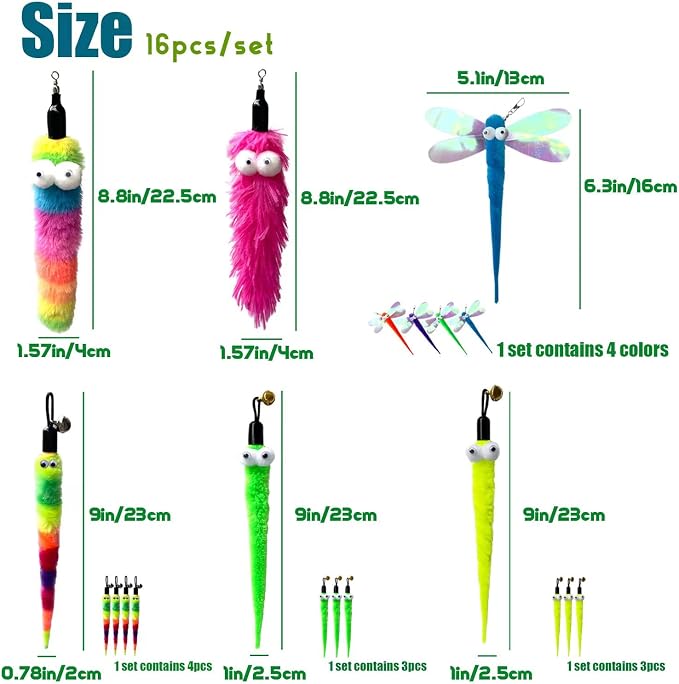 AcceLeah 16Pcs Cat Wand Refills, Worm & Dragonfly Teaser Attachments for Indoor Cats