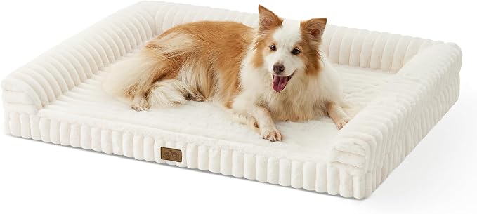 COZY KISS Ultra Soft Faux Rabbit Fur Dog Bed for Large Dogs – 44"x32" Orthopedic Foam Couch, Removable Washable Cover & Waterproof Lining, Cream