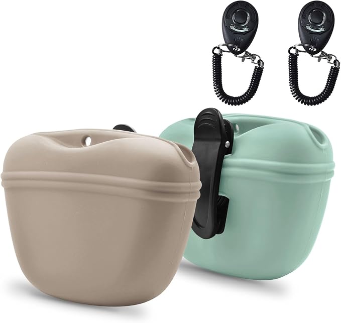 AUDWUD Silicone Dog Treat Pouch with Clicker Magnetic Closure Secure Clip | Upgraded clip keeps your treat pouch secure during training.Magnetic closure allows fast one hand access.Includes dog click