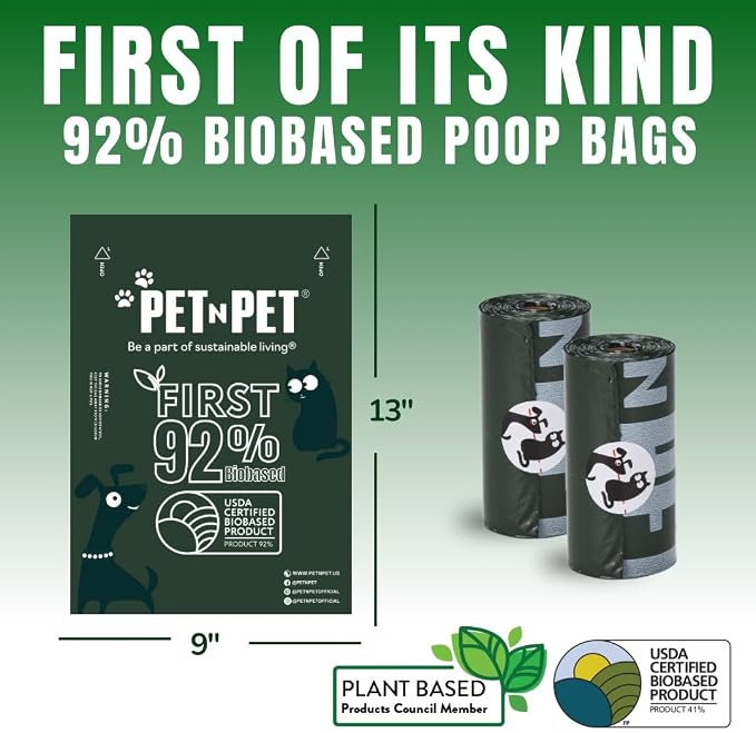 Pet N Pet 180 Counts Dog Poop Bags Rolls, 92% Plant Based Poop Bags for Dogs, Leak Proof Thick Doggie Poo Bag, Unscented Cat & Dog Waste Bag