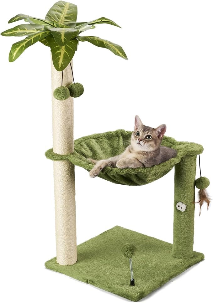 MECOOL Cat Tree for Indoor Cats 35" Tall Cat Scratching Post with Large Cat Hammcok and Hanging Ball Toys Plant Green