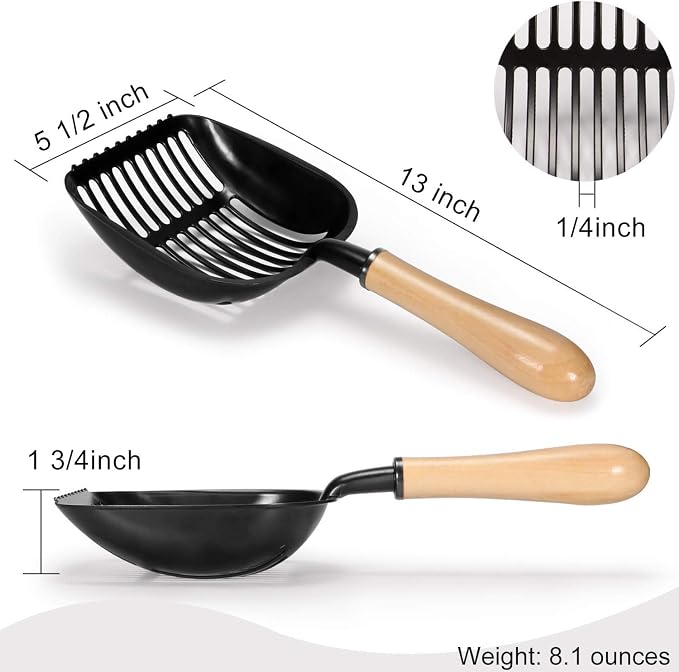 FANGSUN Metal Cat Litter Scoop Wood Handle with Deep Shovel Non Stick Plates, Kitty Cats Litter, Free Storage Holder