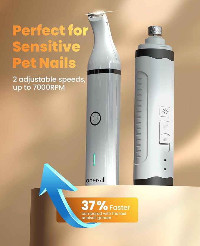 oneisall 3 in 1 Dog Nail Grinder & Paw Trimmer Kit, 2 LED Lights | 2 Replaceable Blades, 6500/7500RPM, 2 Speeds, Low Noise, Cordless & Rechargeable, Safe for Paw, Face, Ears, Body