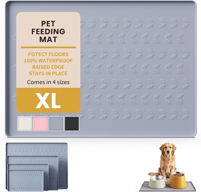 Silicone Pet Feeding Mat - 100% Waterproof Dog & Cat Bowl Pad with Raised Edges - Protects Floors from Messy Eaters & Spills - Anti-Slip, 100% PET-Safe, Dishwasher Safe (Grey 28" x 20")