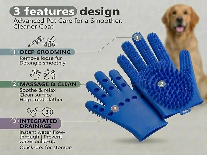 Pet Grooming Gloves for Cats & Dogs – Silicone Hair Removal Glove for Bathing, Shedding & Massage – Gentle Mitt for Long & Short Hair Pets with Drainage System