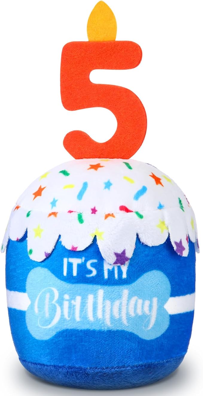Dansydaisy Dog Birthday Cake Toy Squeaky Plush Toy for Girl Boy Gifts, Chew Accessories for Dog Birthday Party Decor Favor for Large, Medium and Small Dogs(5th,Blue)
