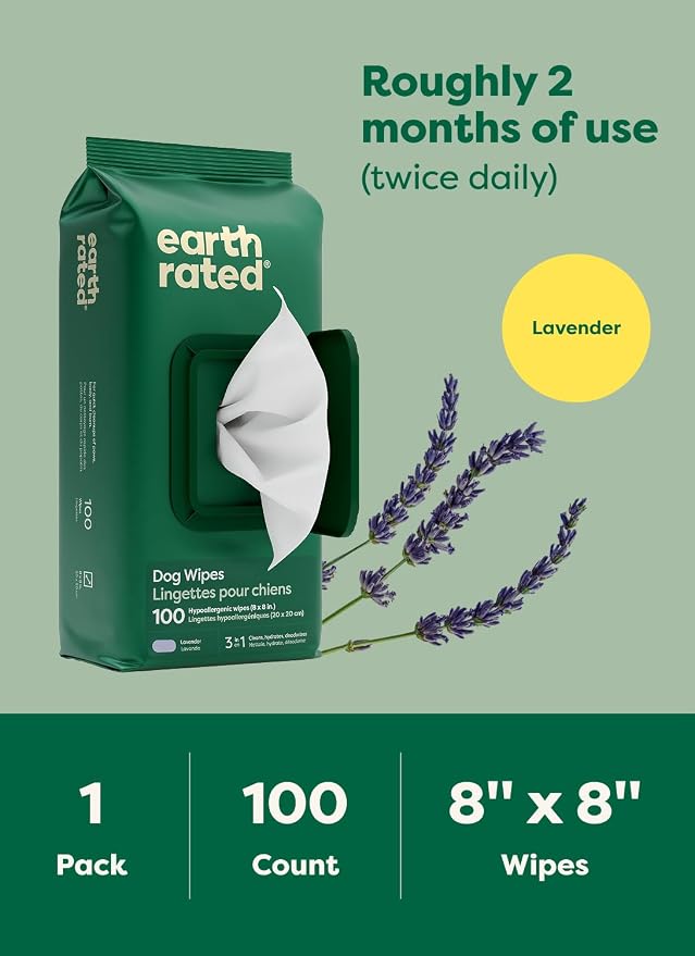 Earth Rated Dog Wipes for Paws & Butt, Deodorizing, Lavender, 100ct | Hypoallergenic, 3-in-1 Cleaning and Hydrating, for Grooming Paws, Body and Butt