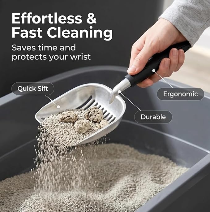 Full Metal Cat Litter Scoop with Holder, Stainless Steel Cat Litter Scooper Holder, Aluminum Kitty Scoop Captures All Clumps, Heavy Duty Kitty Metal Scooper with Non-Slip Handle