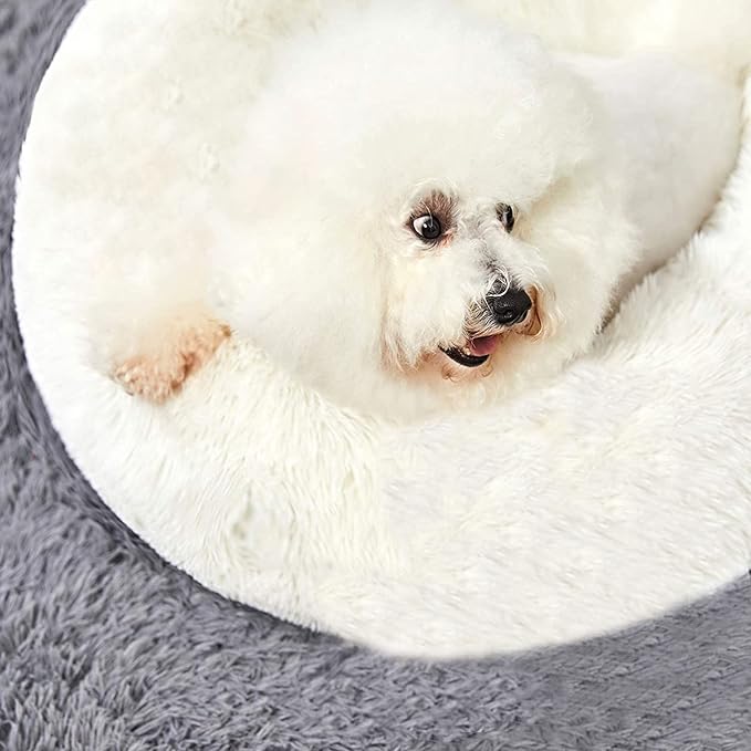 HACHIKITTY Calming Donut Cuddler Dog Bed, Round Fluffy Pet Bed for Small Dogs,Washable, Large, White, 24''