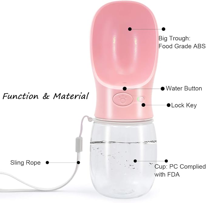 Portable Dog Water Bottle for Walking,2.76" Big Trough Leak Proof Pet Water Bottle for Small Cat Puppy, Safe and Durable Non BPA Dog Drinking Water Bottle for Outdoor Hiking-Pink