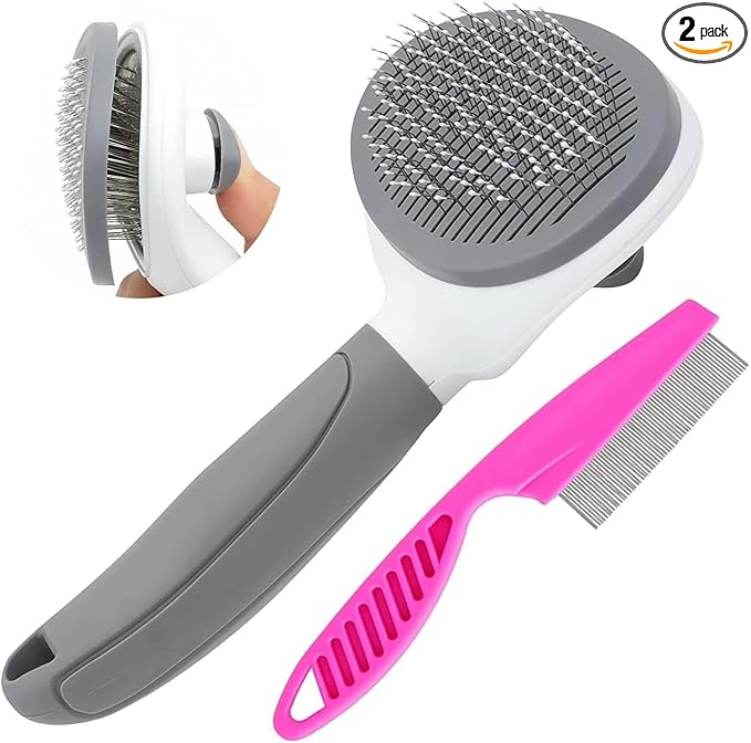 Cat Brushes for Indoor Cats, Dog Brush for Shedding with Metal Cat Comb, Self Cleaning Pet Hair Brush with Release Button for Grooming Kitten(Dark Grey)
