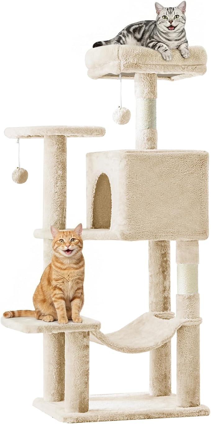 DUMOS 44 Inch Cat Tree Tower with Natural Sisal Scratching Posts | Small Cat Tree with Hammock, Pet Condo for Indoor Cats and Kittens Play, Beige