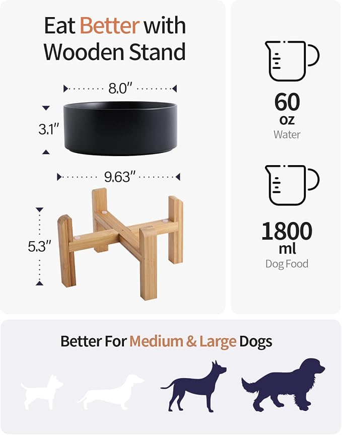 Black Elevated/Raised Dog Bowl Ceramic with Wood Stand for Medium Large Breed,Dog Food Water Dish Heavy Weighted,8 in Non Slip Modern Cute Porcelain Pet Bowl Extra Large