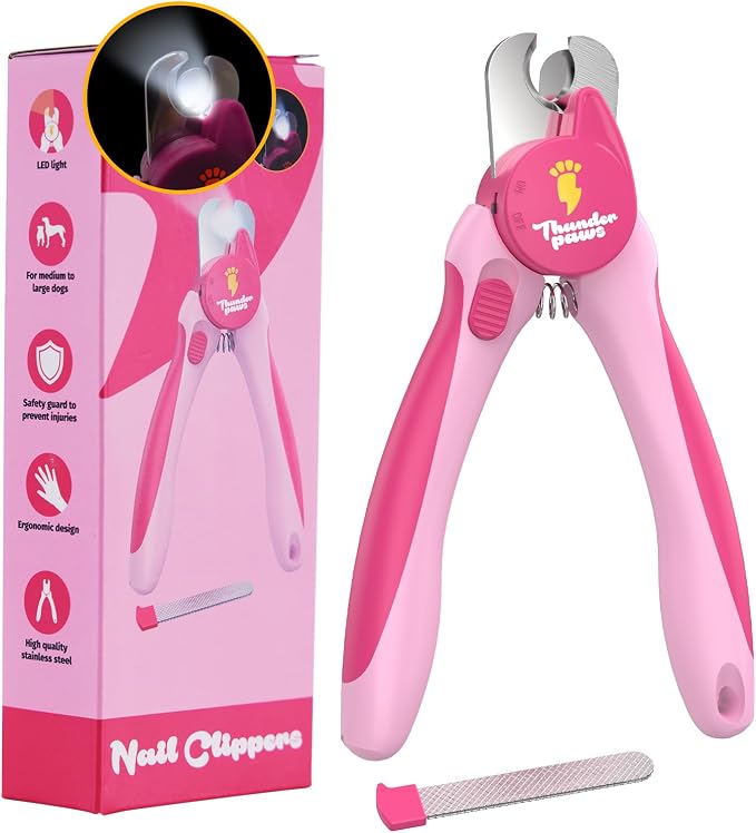 LED Dog Nail Clippers with Light Illumination, Trimmers with Protective Guard, Safety Lock and Nail File - Suitable for Large and Small Dogs & Cats (Pink)