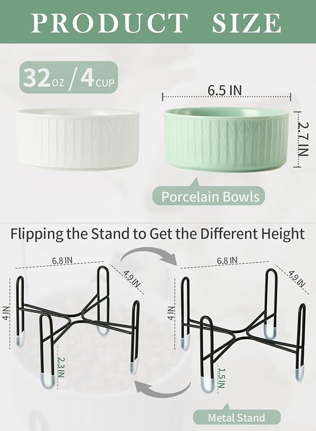 32 OZ Ceramic Dog Bowls with Metal Stand, 6.5 Inch Pet Food Water Bowl Set | Raised Pet Food Water Dish, 2 Heights, for Cats & Dogs, Prevent Neck Fatigue, White & Green