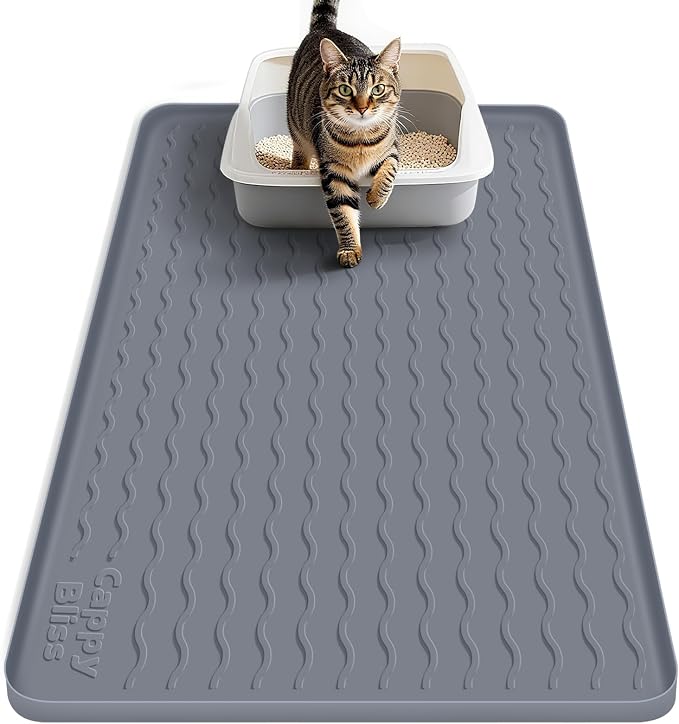 Cat Litter Mat, 34"x22" Waterproof Silicone Pad, Gray | Large Size, Urine-Proof Pad, Litter-Trapping Waves, Non-Slip, Easy Clean, Paw-Safe, for Litter Box, Floor Mat