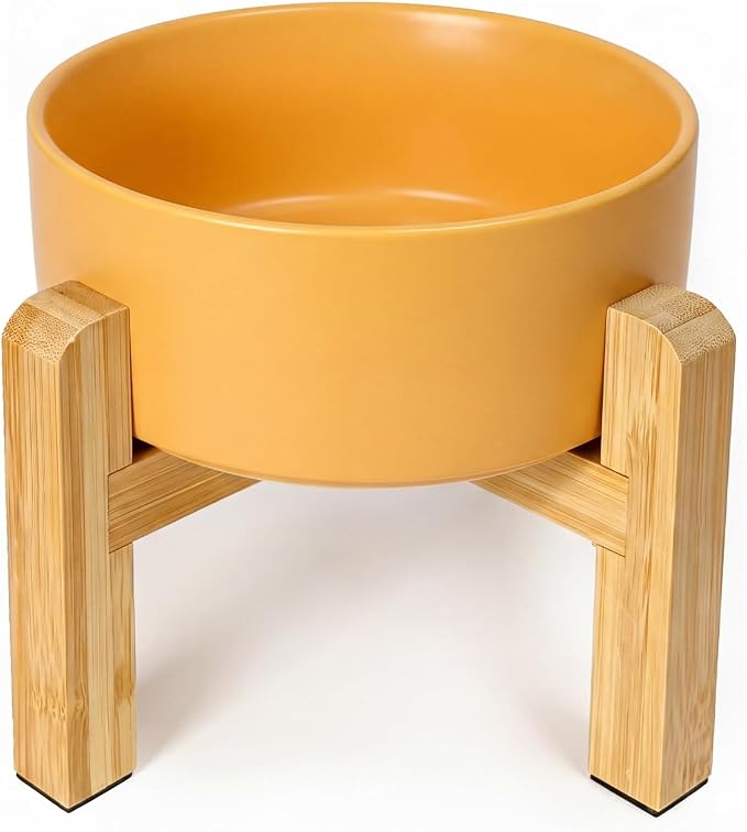 Ceramic Elevated Dog Bowl with Bamboo Stand, for Small & Medium Dog, Yellow