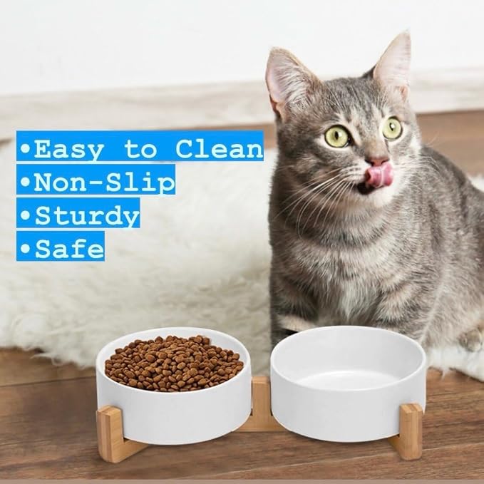 Ceramic Cat and Small Dog Bowl Set – Modern Indoor Small Size Pet Food and Water Bowls with Wood Stand – Non Slip Puppy Sized Feeding Station with Double Dishes (White)