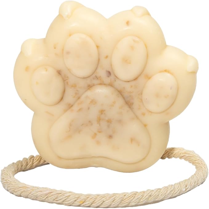 Natural Pet Shampoo Bar - Gentle Care Oatmeal for Sensitive Skin, 3.88 oz Paw Print Soap with Rope - Pet Wash Bar - Hypoallergenic, Dye-Free, Fragrance-Free, Chemical-Free, & Eco-Conscious