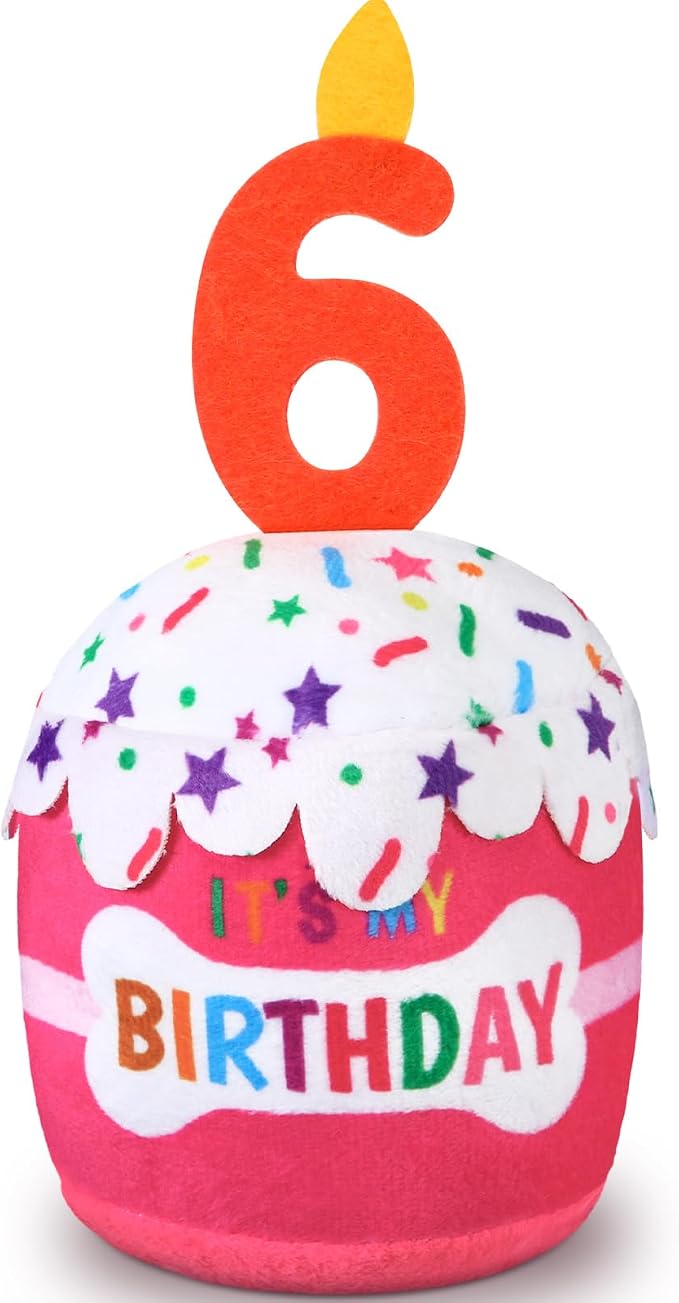 Dansydaisy Dog Birthday Cake Toy Squeaky Plush Toy for Girl Boy Gifts, Chew Accessories for Dog Birthday Party Decor Favor for Large, Medium and Small Dogs(6th,Pink)