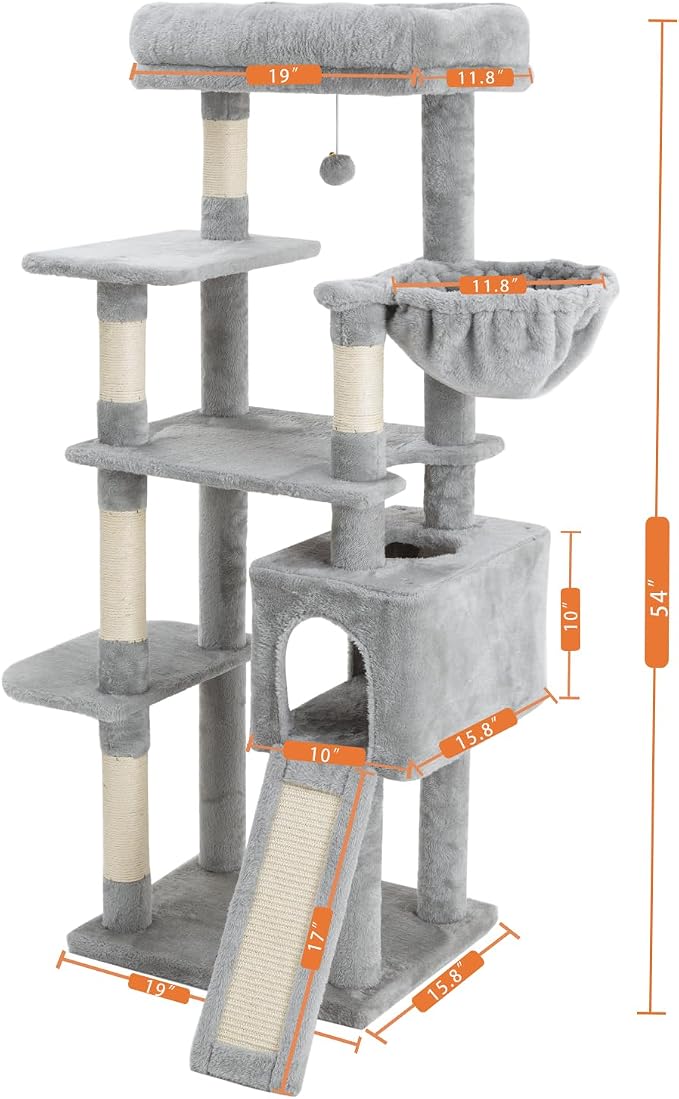 54 Inches Cat Tree, Tall Cat Tower with Hammock, Condo and Scratching Pad, Cat House with Plush Perch for Indoor Cats Adult