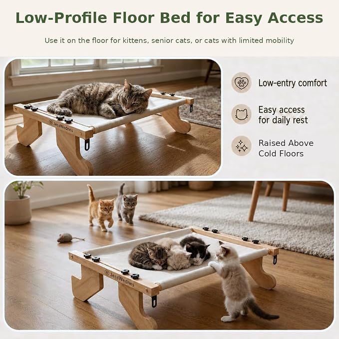 Extra Wide Cat Window Perch, 3-in-1 & Cordless with Solid Wood Frame | 40 lb Tested, 20.1 x 25.2 in Extra-Wide Frame, Heavy-Duty Suction Cups, Reinforced Steel Hooks, Converts to Floor Bed