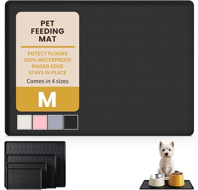 Silicone Pet Feeding Mat - 100% Waterproof Dog & Cat Bowl Pad with Raised Edges - Protects Floors from Messy Eaters & Spills - Anti-Slip, 100% PET-SAFE, Dishwasher Safe (22"x14"x0.4", Black)