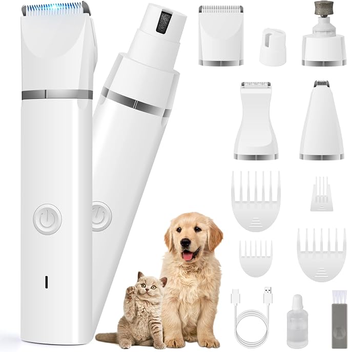 Veeconn 4 in 1 Dog Clippers Grooming Kit with Paw Hair Trimmer for Cat Pet | Low Noise, 7500RPM Powerful, IPX7 Waterproof, Safe & Easy for Beginners, 4 Guide Combs, Cordless Dog Shaver & Nail Grinder
