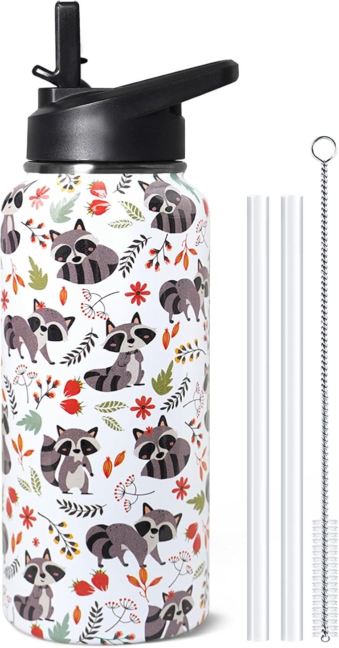 32oz Racoon Stainless Insulated Aater Water Bottle with Straw,Racoon Gym Hiking Sports Coffee Mug Cup Water Bottles,Racoon Gifts for Women,Racoon Decor Stuff Accessories