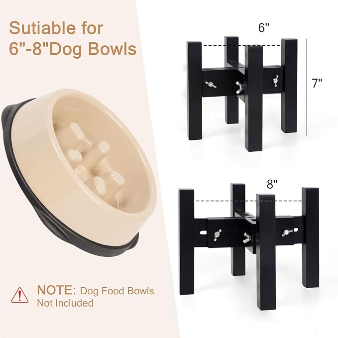 Elevated Dog Bowl Stand Adjustable Dog Food Holder 7”H Small Black | 7” Elevated Dog Bowl Stand, Small Dogs, Adjustable, Fits 6”-8” Bowls, Single Bowl Holder, Natural Bamboo, Classic Black