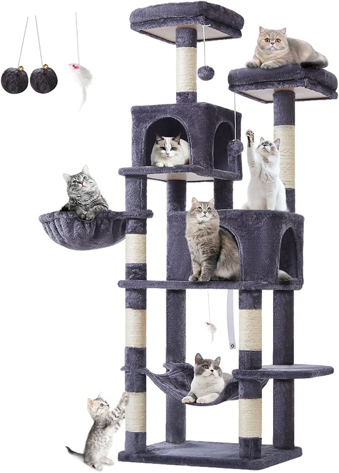 Taoqimiao Cat Tree, 67 in Tall Cat Tower with 2 Plush Cat Condos | 7 Scratching Posts, 2 Top Perches, Cozy Hammock & Basket, Indoor Cats, 2 Pompoms & Mouse Toy, Smoky Gray, MS013G