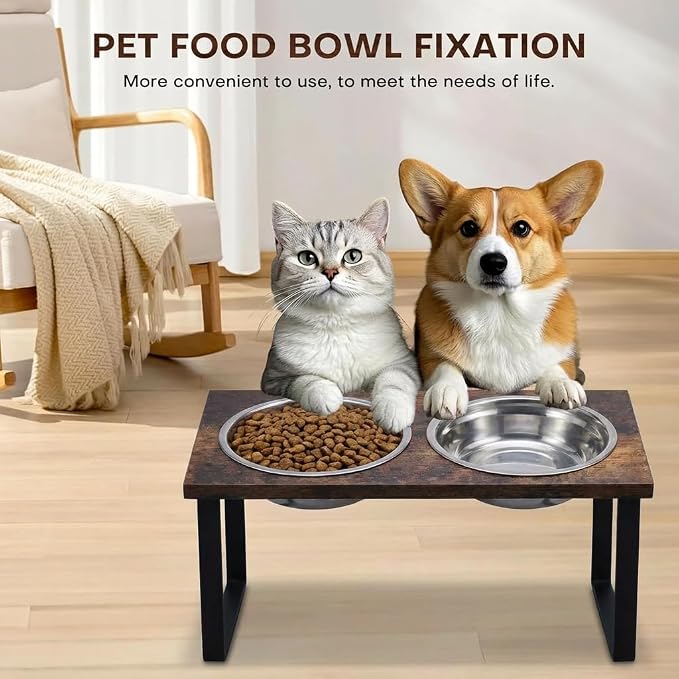 Elevated Dog Bowl Stand for Medium and Large Dogs, MDF Raised Dog Feeder with 2 Stainless Steel Bowls, Tilted Dog Food and Water Dish Set, Wooden Pet Feeding Station (Black)