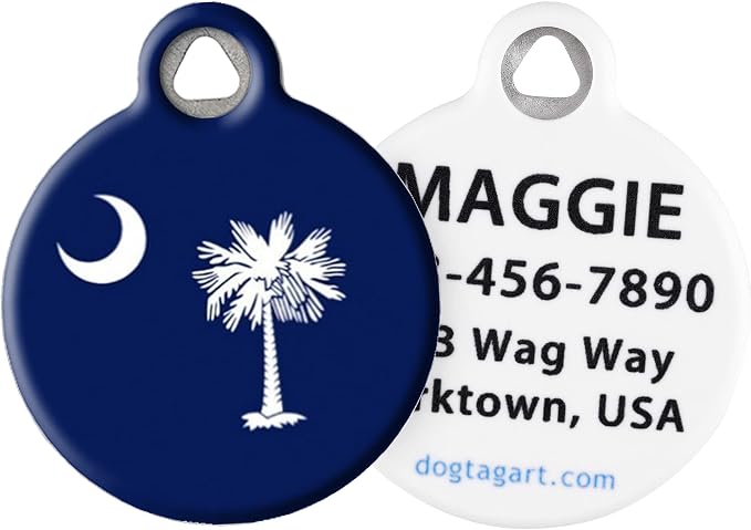 South Carolina Flag Personalized United States State Flag Pet ID Tag for Dogs and Cats, Silent Dog Tag with Customized Identification Information - Small .875" Diameter