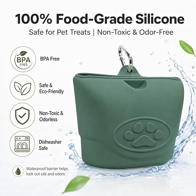 Upgraded Dog Treat Pouch with Strong Magnetic Closure - Small Silicone Training Bag, Waist-Mounted Clip & Leash Carabiner, Airtight Portable Treat Bag (Dark Green)