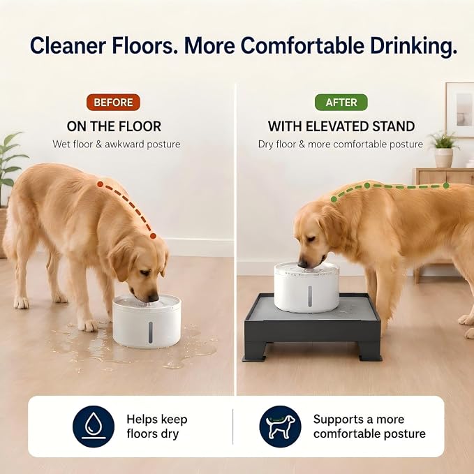 Raised Dog Fountain Stand with Absorbent Diatomite Mat, Adjustable 3.5" & 6" Dog Water Bowl Stand, Helps Keep Floors Dry, Elevated Pet Fountain Base for Dog Fountains, Feeders & Bowls(Stand Only)
