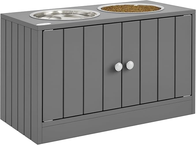 PawHut Large Elevated Dog Bowls with Storage Cabinet 44L Capacity Gray | Raised Dog Bowl Stand, Pet Feeding Station