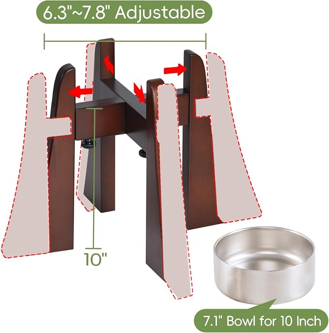 Solid Wood Elevated Dog Bowl Stand Set with Stainless Steel Bowl, 10-Inch | Raised Feeder with Adjustable Width Fits 6.3-7.8 Inch Dog Food Water Bowls, Non-Slip Base for Medium and Senior Dogs