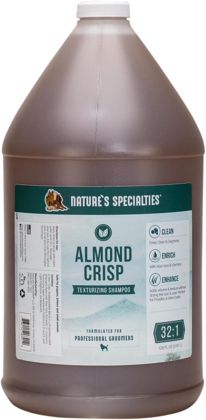 Nature's Specialties Almond Crisp Ultra Concentrated Dog Shampoo for Pets, Makes up to 32 Gallons, Natural Choice for Professional Groomers, Texturizing and Volumizing, Made in USA, 1 gal