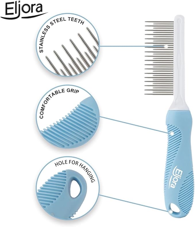 Pet Grooming & Dematting Comb – Stainless Steel Teeth, Non-Slip Grip, Removes Mats & Tangles, Gentle Deshedding Tool for Long & Short Hair Dogs & Cats
