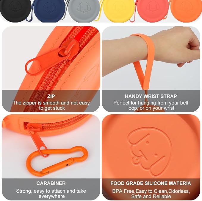 WALLFID Silicone Dog Treat Pouch Small Bag,with Pet Training Clicker,Walking Bag for Dog and Cat, Pocket Size, Easy to Clean, Odorless, Zipper Design,Moisture-Proof,Travel Walking Bag.(Orange)